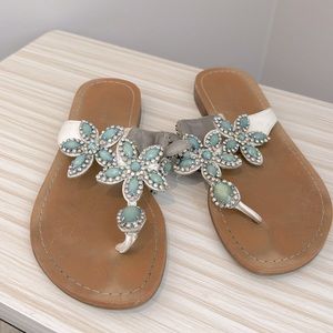 Ivanka Trump Tan Sandals with Aqua Floral Gem Accents